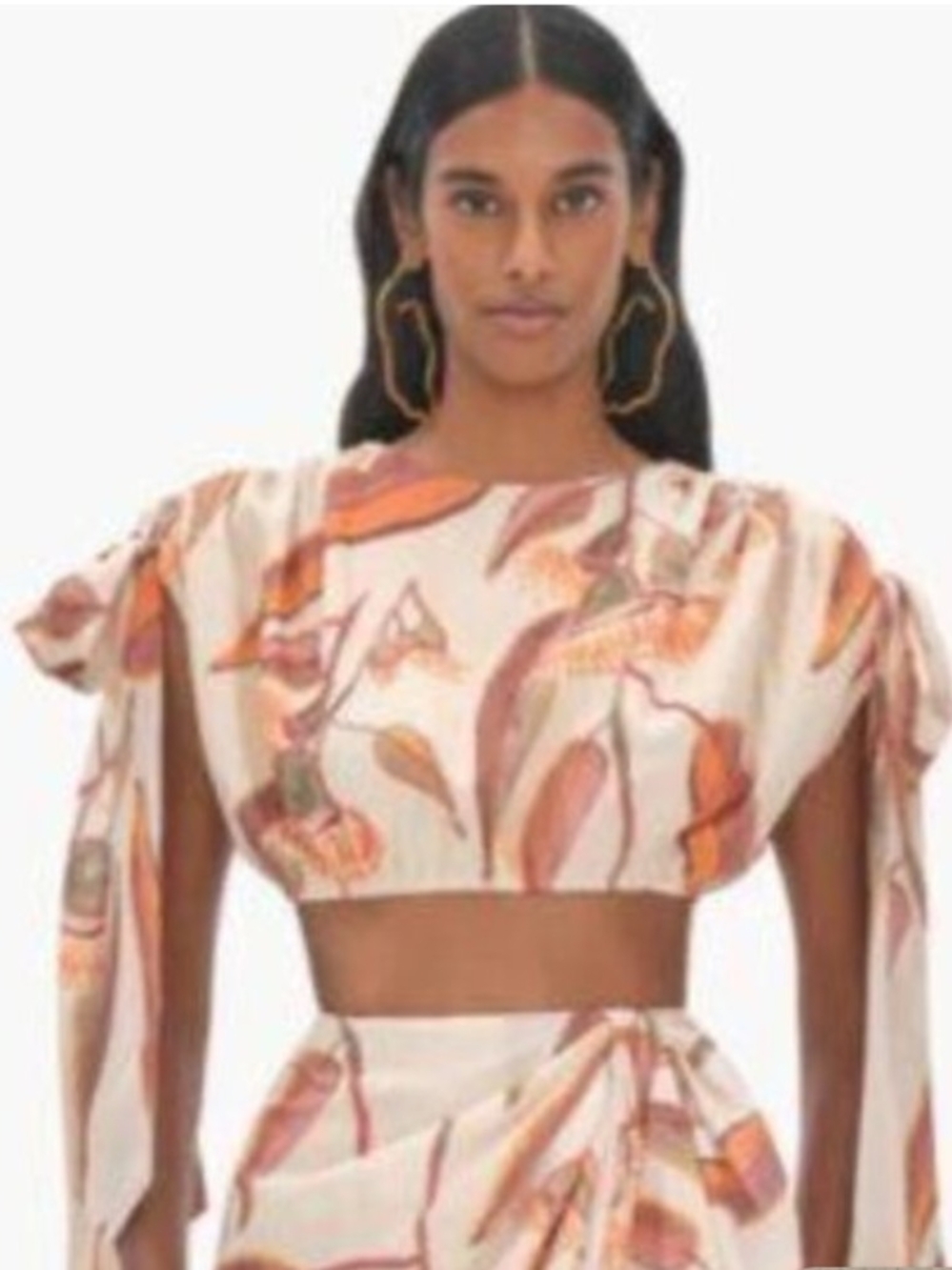Andrea Iyamah Cream Floral Crop Top with Orange Tie Sleeves